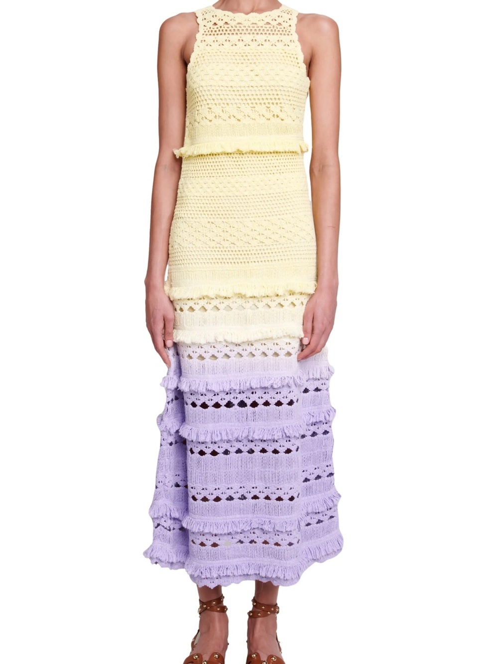 Maje Crochet Tiered Maxi Dress in Pastel Yellow and Lavender